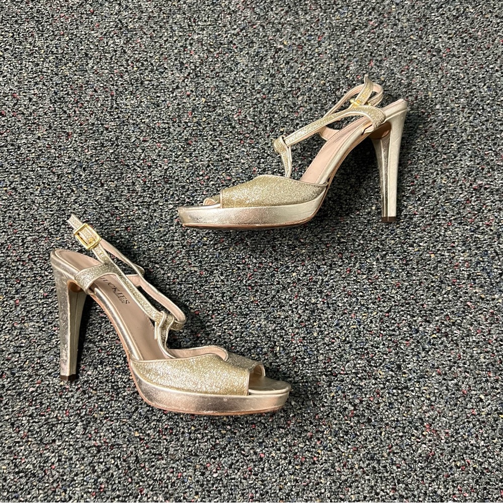 CHUCKIES VERO CUOIO Gold Sparkly Strappy Platform Stiletto Italy Heels Shoes 7.5